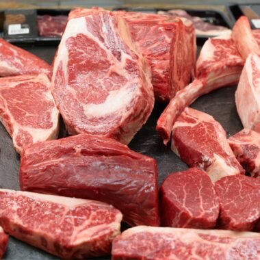 Raw beef on a butcher shop shelf
